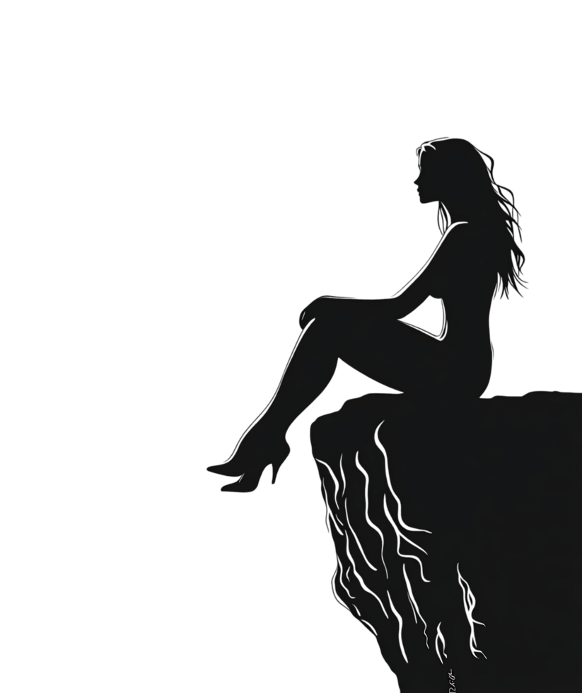 Mysterious female silhouette at night, cliffside. png
