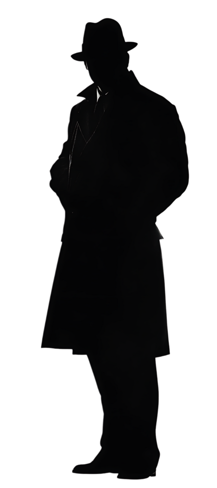 Mysterious silhouette of a man in a hat and coat. png