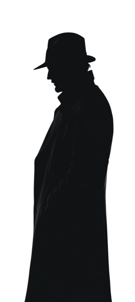 A silhouette of a man in a hat and coat png