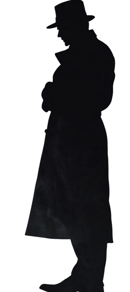 A silhouette of a man in a hat and coat png