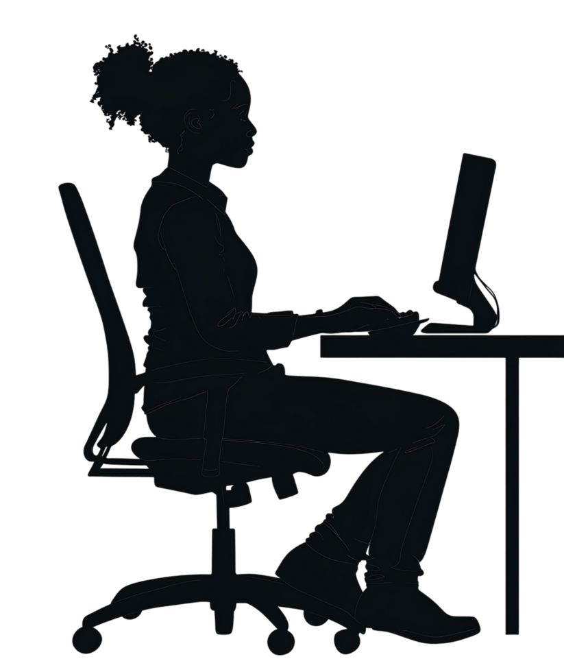 Dark silhouette of a person working at a desk on a laptop. png