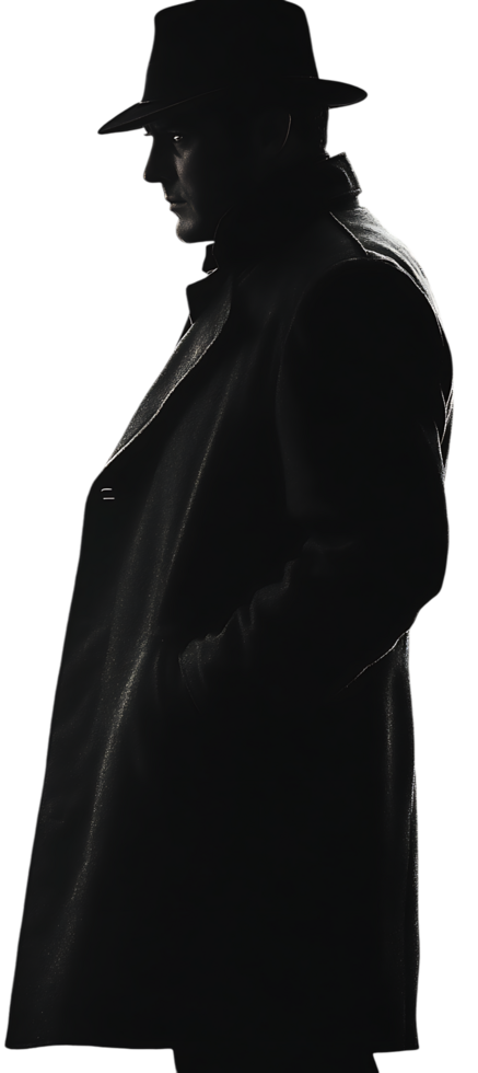 Mysterious man in a fedora and long coat png