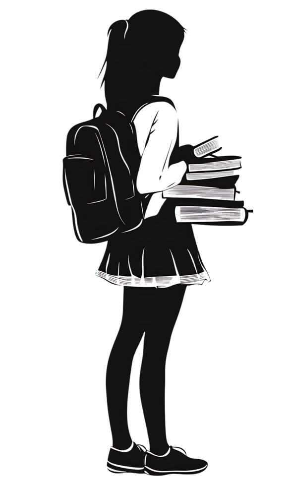 Silhouette of student with backpack and books png