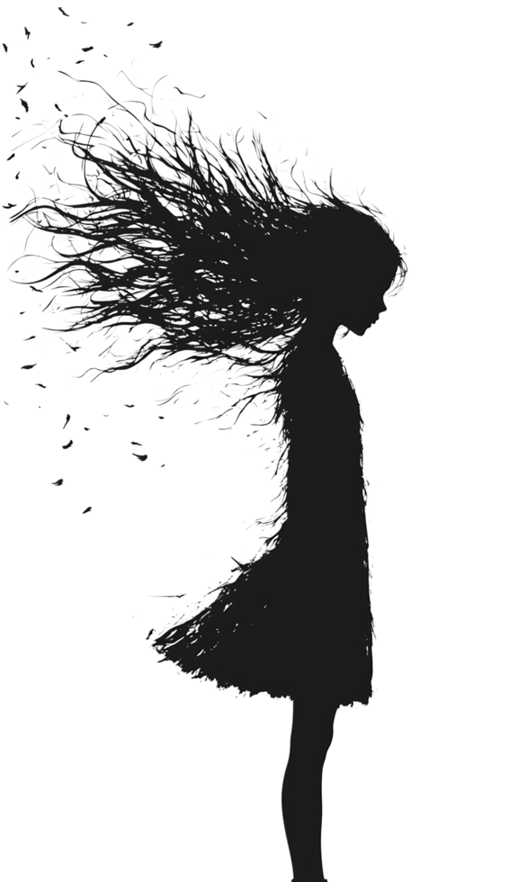 Silhouette of a girl with hair dissolving into particles. png