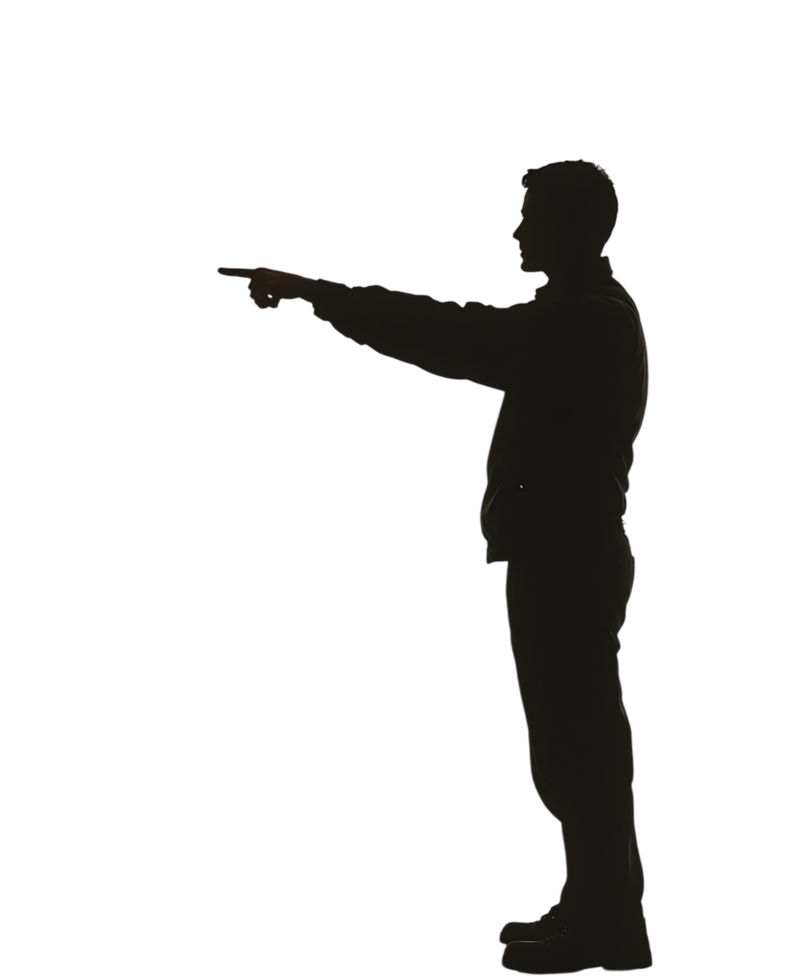 Mysterious figure pointing, dark background. png