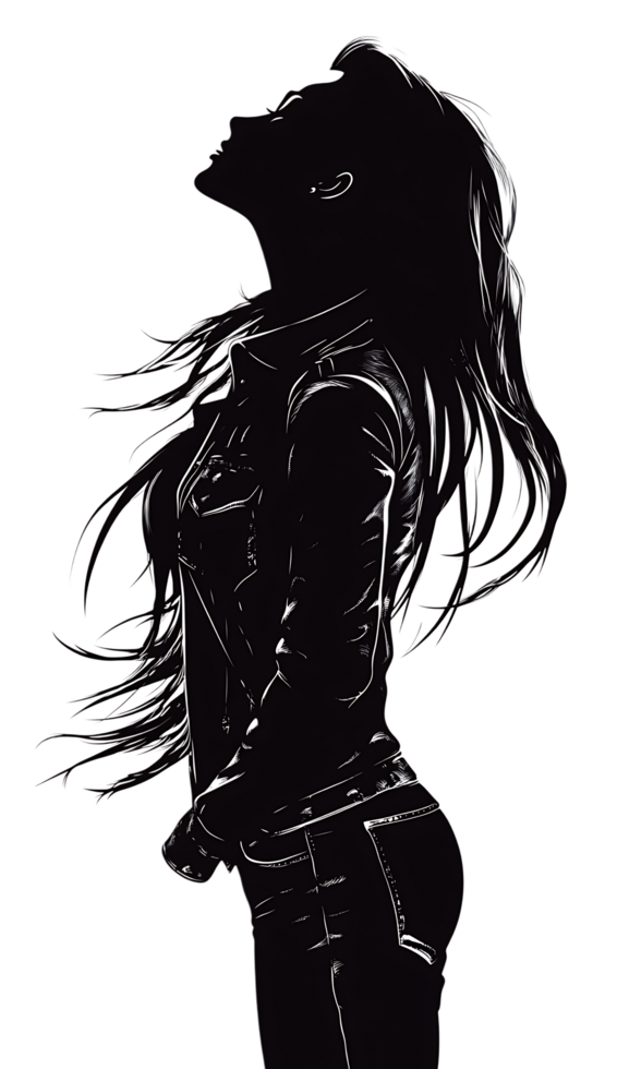 A black and white drawing of a woman with long hair png