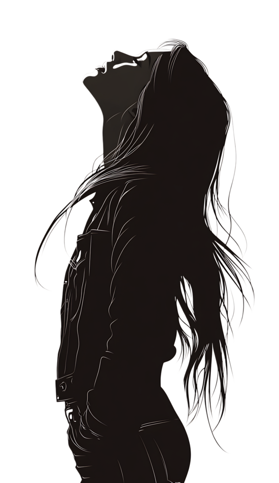 Elegant line art silhouette of a woman gazing upwards. png
