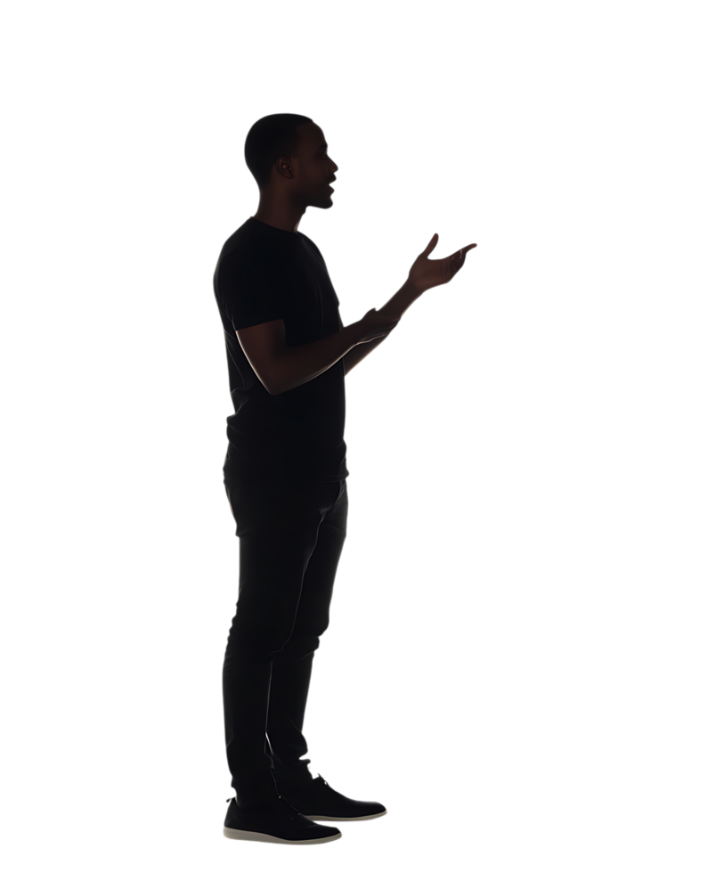 Side profile of a man in dark clothing, gesturing with his hands. png