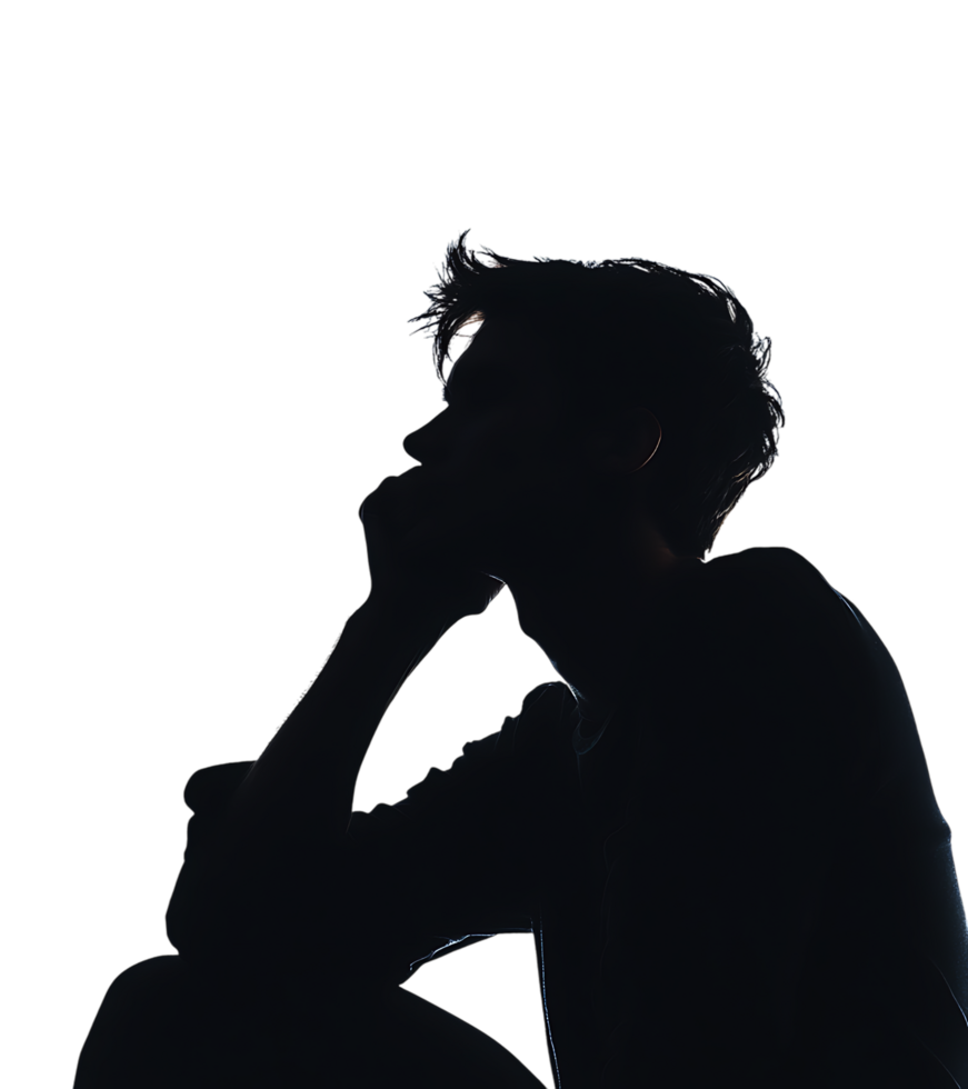 Dark silhouette of a person sitting alone, conveying feelings of sadness, loneliness, or depression. png