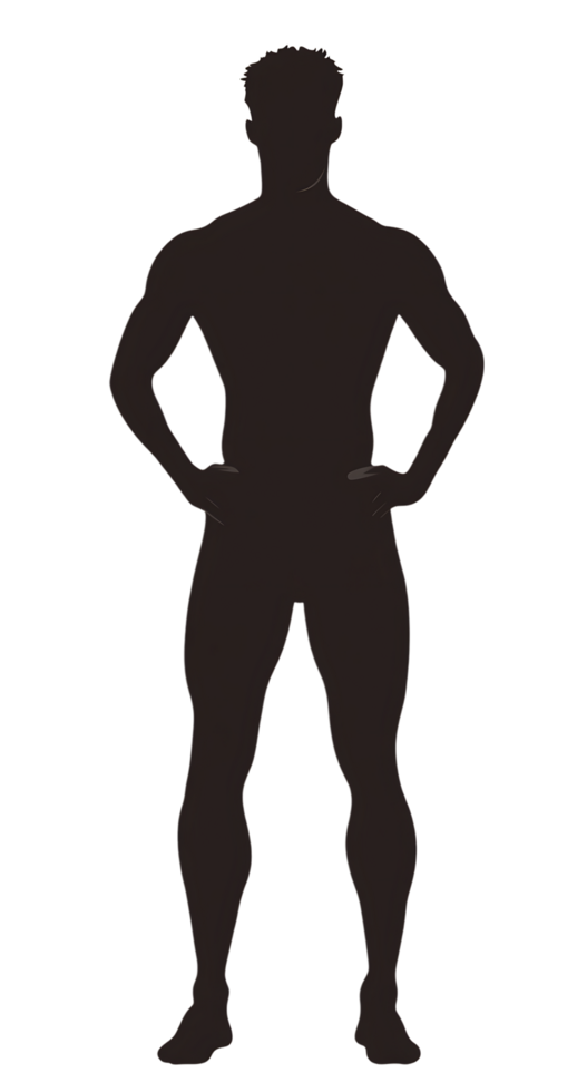 Silhouette of a muscular man, conveying power and self assurance. png