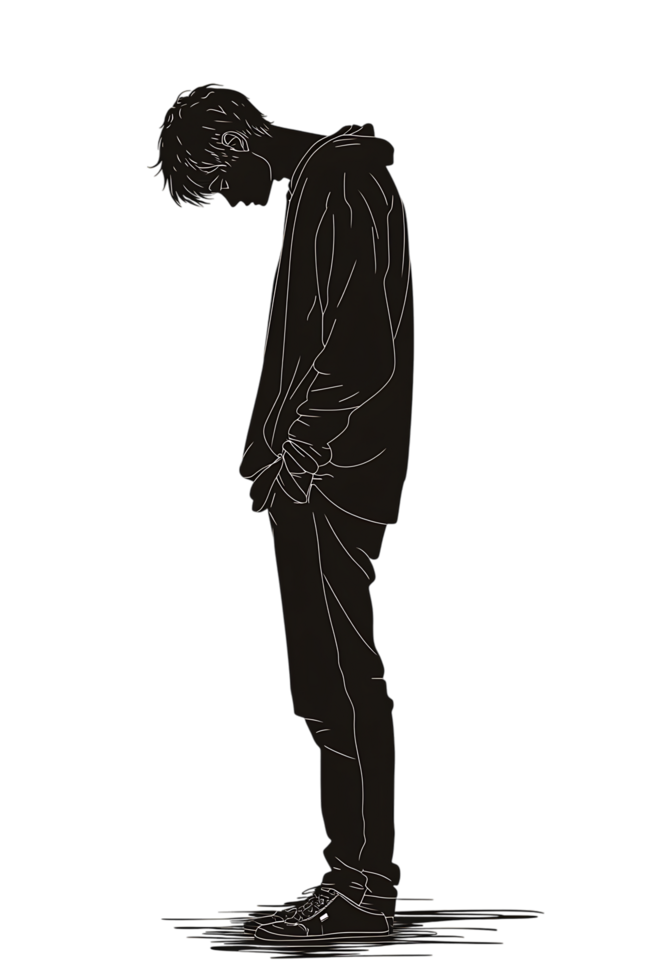 Silhouette of a man, head down, conveying sadness or loneliness. png