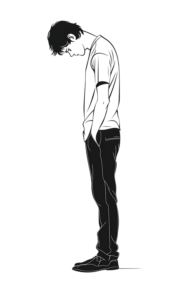 Silhouette of a man with head bowed down, conveying sadness or depression. png