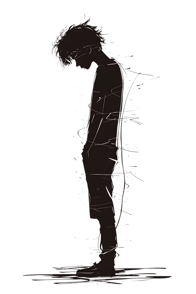 Sad boy silhouette with water effect png