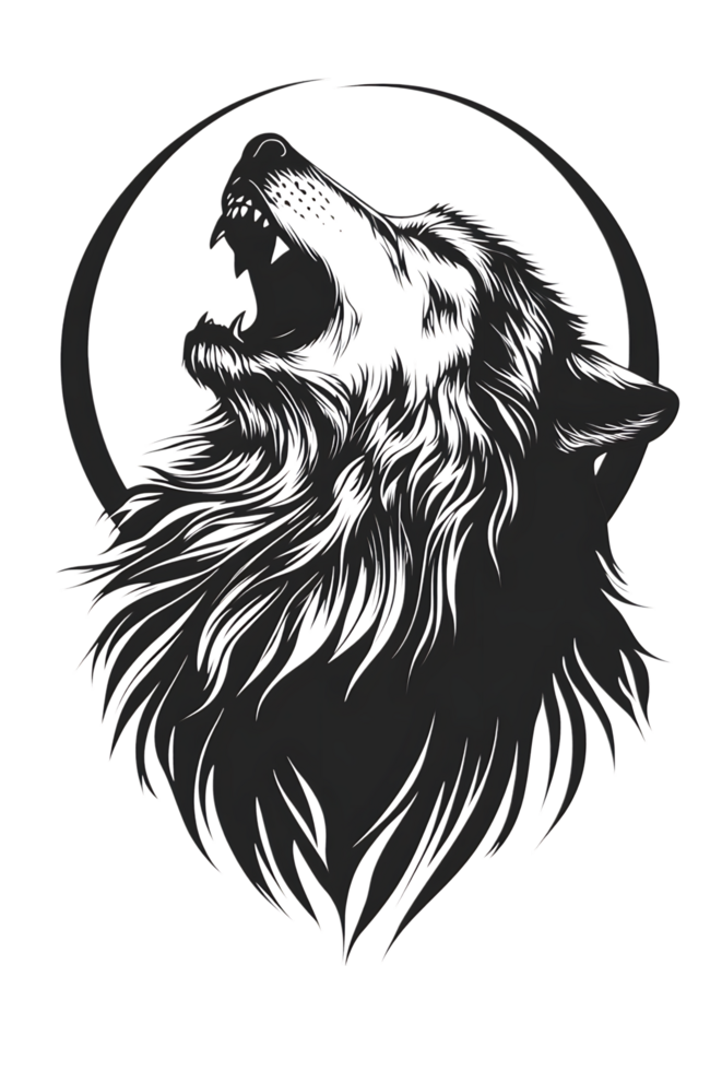 Stylized howling wolf silhouette against a moon. png