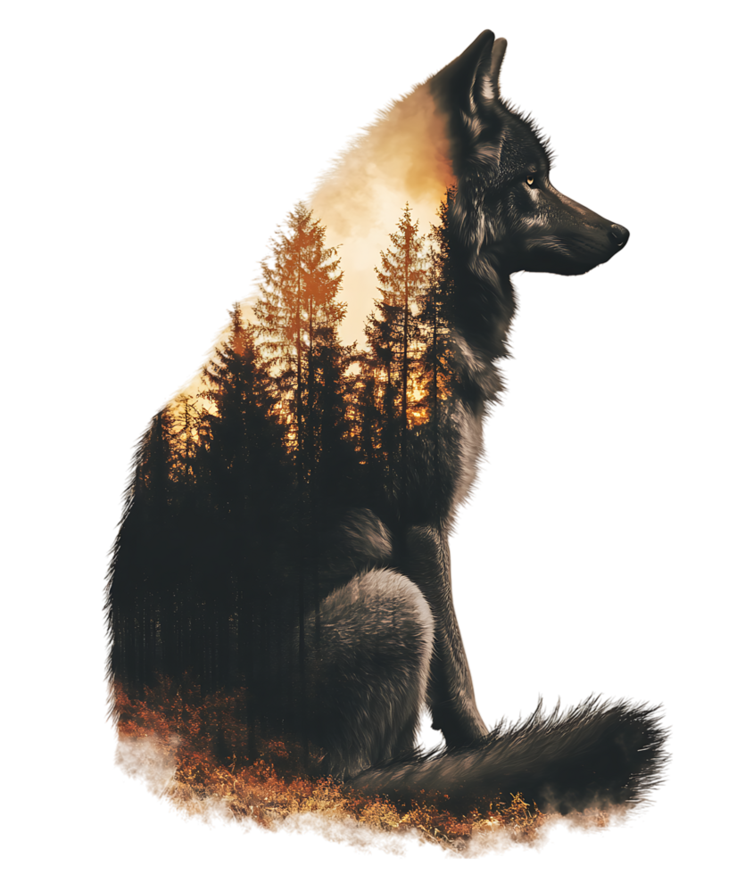 Double exposure of wolf and forest at sunset png
