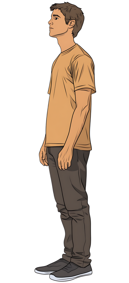 Side profile of a young man standing. png