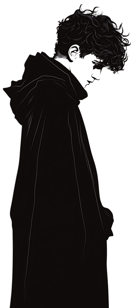 A black and white drawing of a man in a cloak png