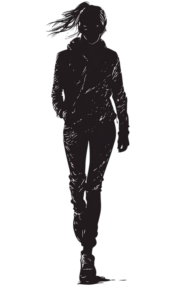 A silhouette of a woman walking in the rain png