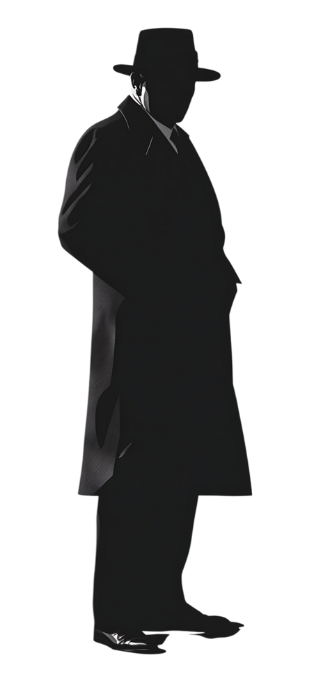A silhouette of a man in a suit and hat png