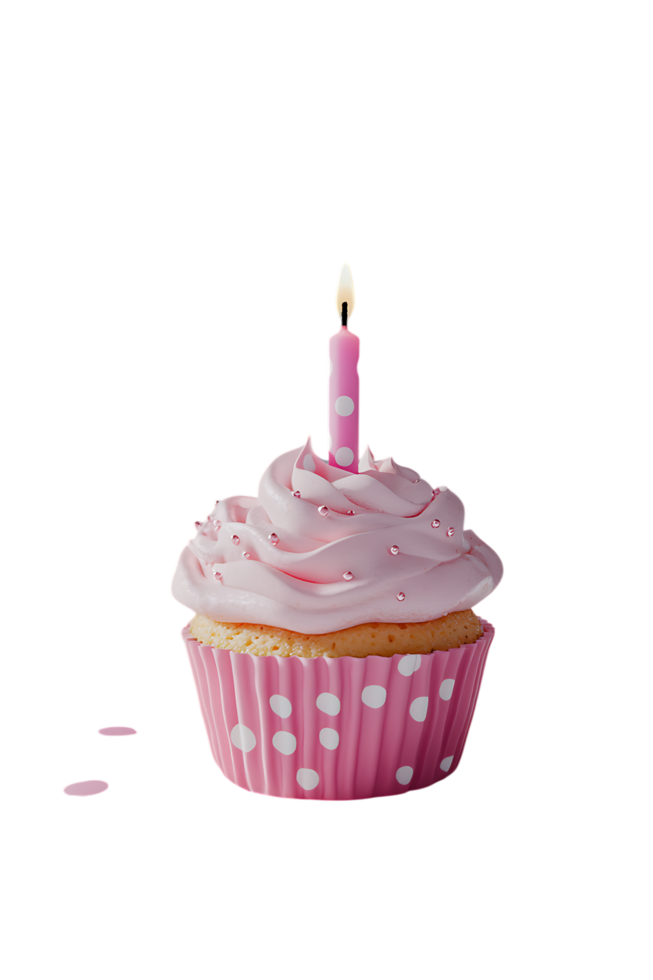 A pink cupcake with a single candle on top png