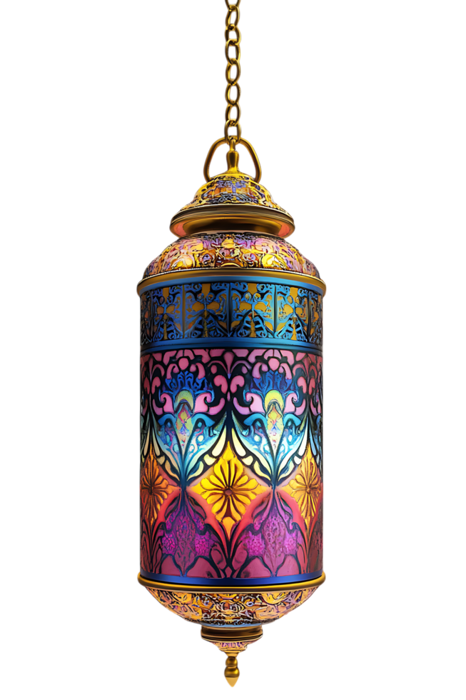 Ornate hanging lantern with vibrant colors and intricate design. Perfect for Ramadan or festive decor. png