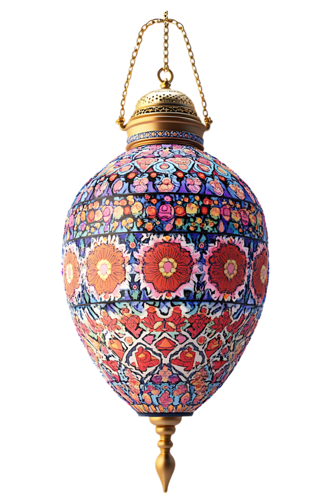 Intricate, colorful hanging lamp with floral patterns. Perfect for bohemian or ethnic decor. png