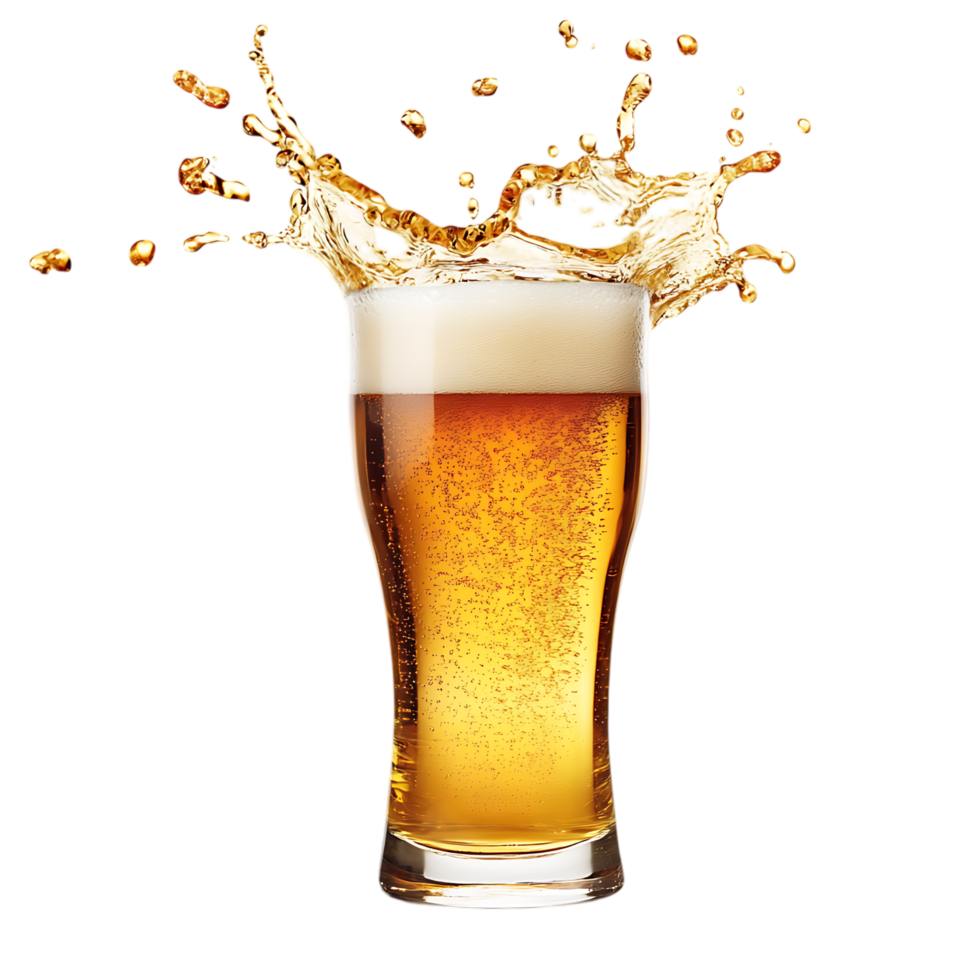 Close up of beer splashing in a pint glass. png