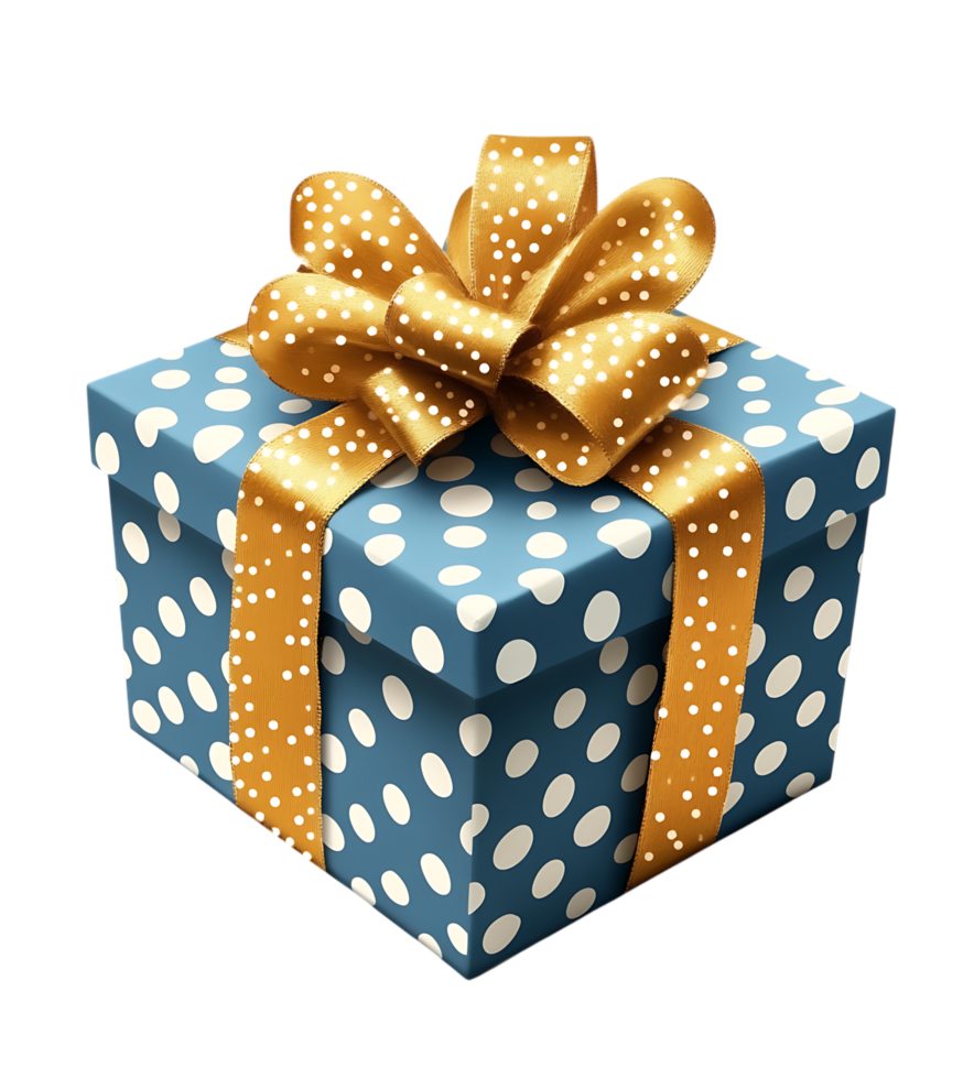 Blue polka dot gift box with a golden ribbon and bow. png