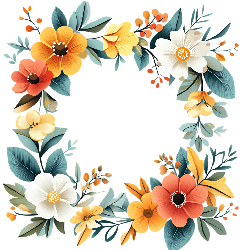 Beautiful floral wreath frame with various flowers and leaves. Perfect for invitations, cards, and more. png