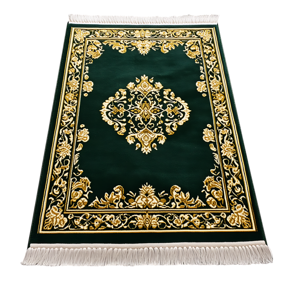 Elegant green rug with gold ornate design. Perfect for home decor. png