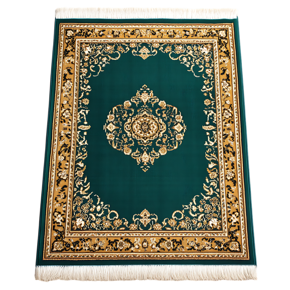 Elegant teal rug with intricate gold details and white fringe. png