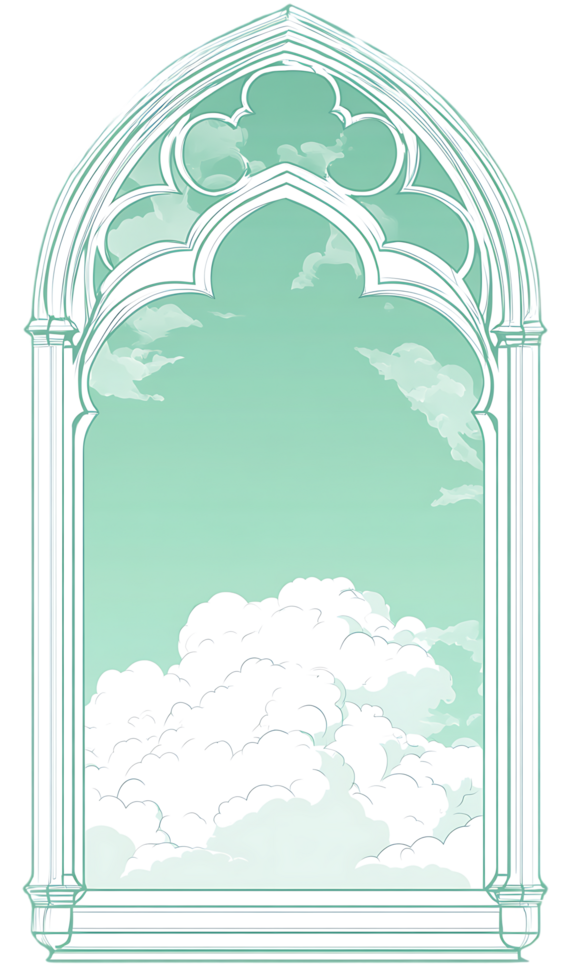 Elegant gothic window frame with dreamy sky and clouds. png