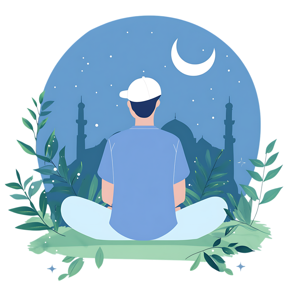Man meditating under the moonlit sky near a mosque. png
