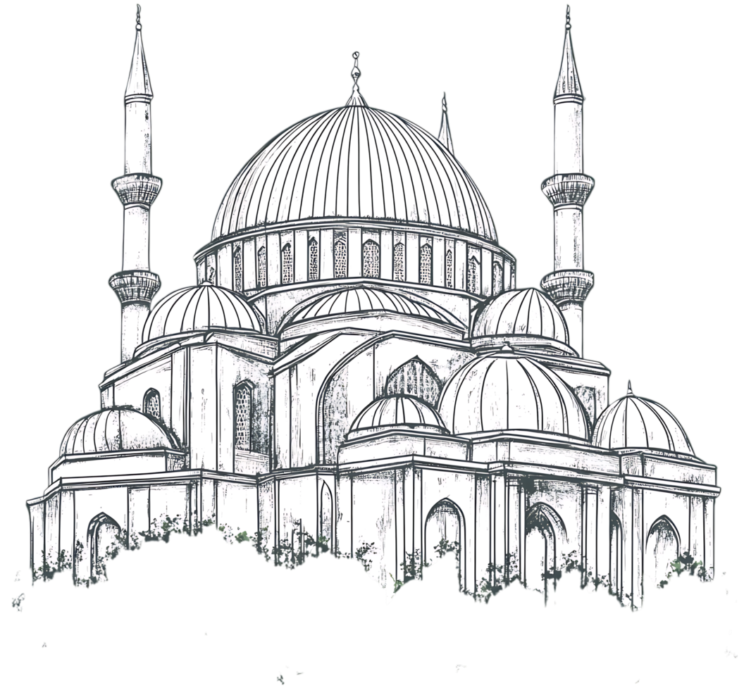 Line drawing of a mosque with domes and minarets. png