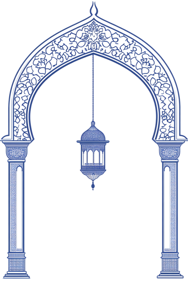 Elegant Islamic style archway with detailed carvings and a hanging lantern. png