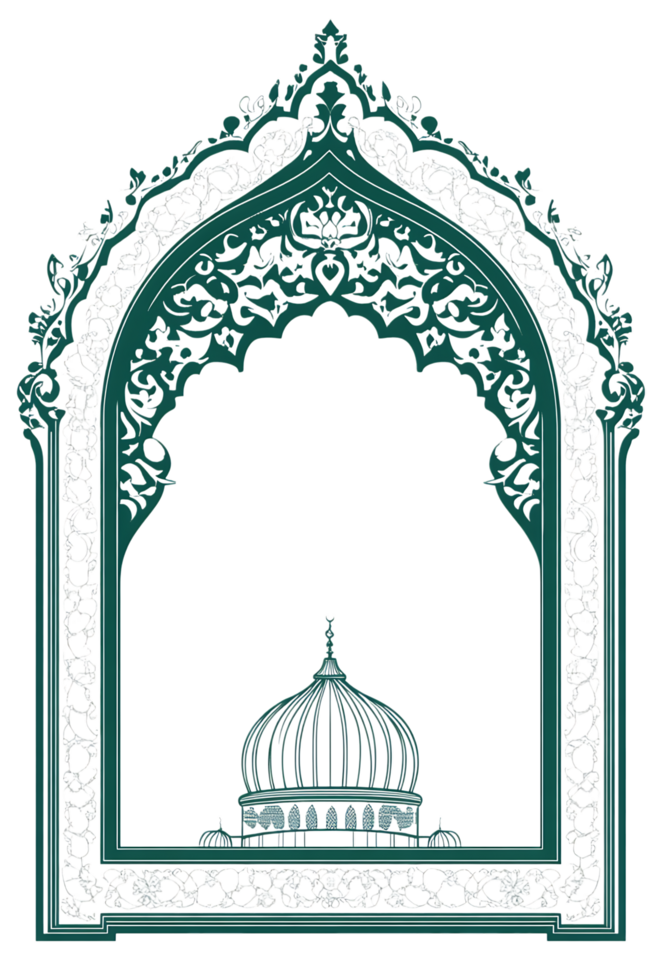 Ornate green and silver frame with dome. Islamic art, religion, design. png