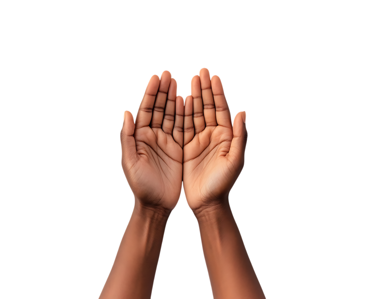 Close up of open hands against a black background, symbolizing prayer, hope, faith, and supplication. png