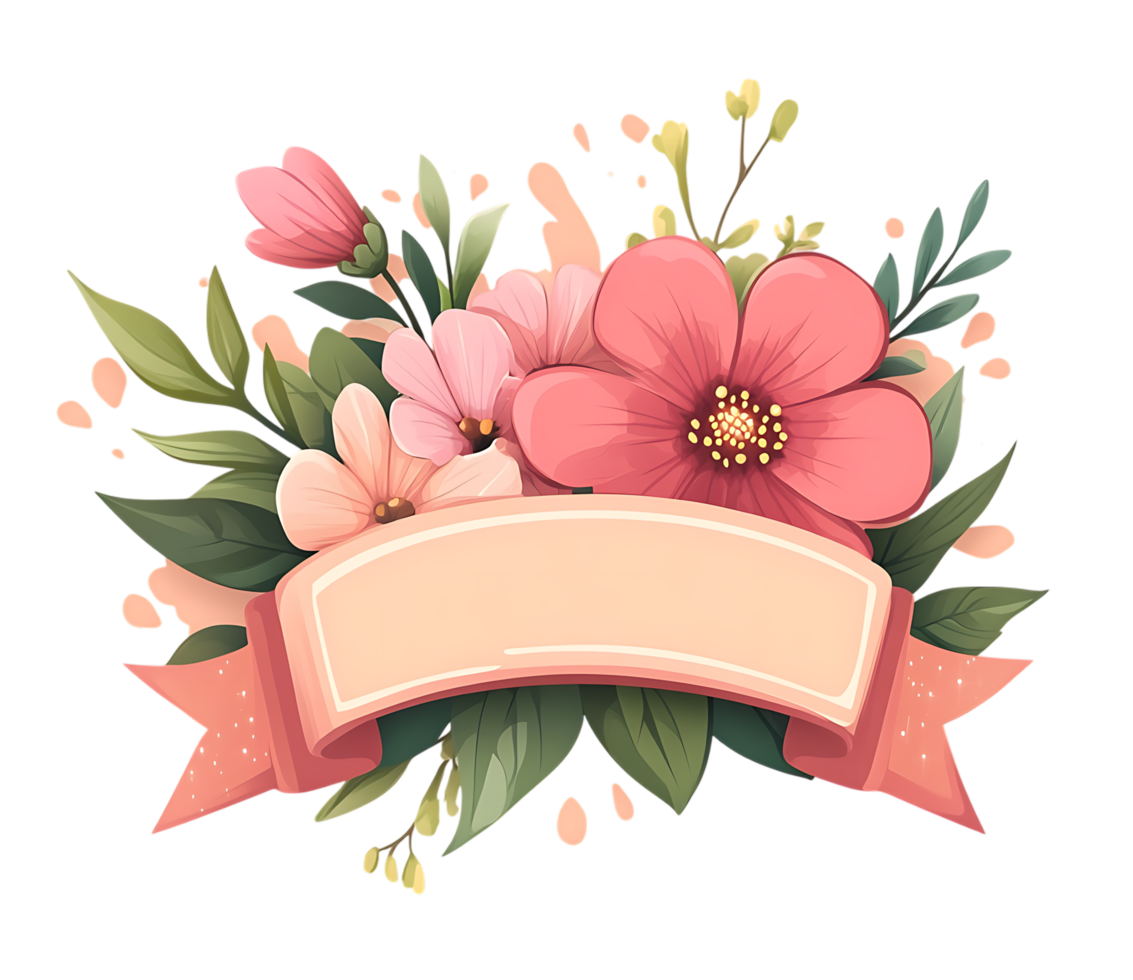 Pretty pink flowers and ribbon banner, perfect for invitations or greeting cards. png