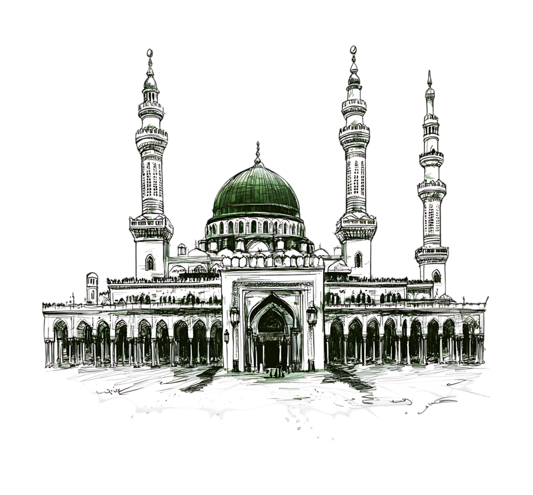 A drawing of a mosque with green and white towers png