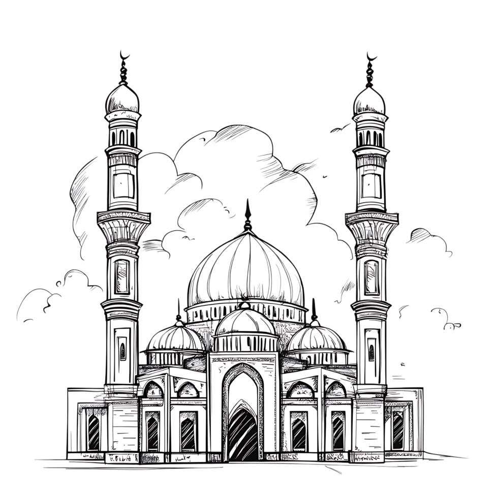 Hand drawn sketch of a majestic mosque. Islamic architecture, faith, religion. png