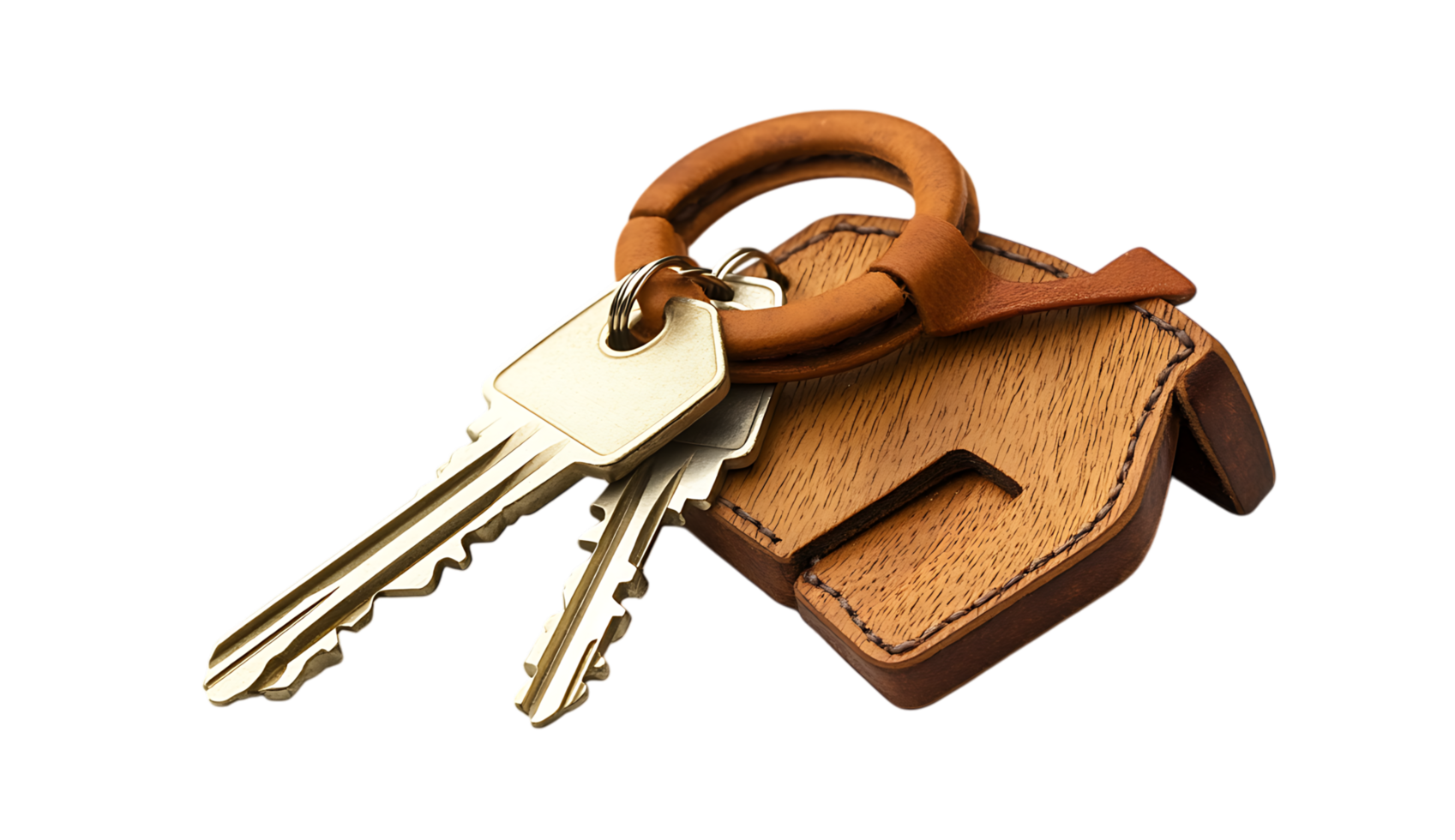 Leather house shaped keychain with keys. Real estate, home ownership concept. png