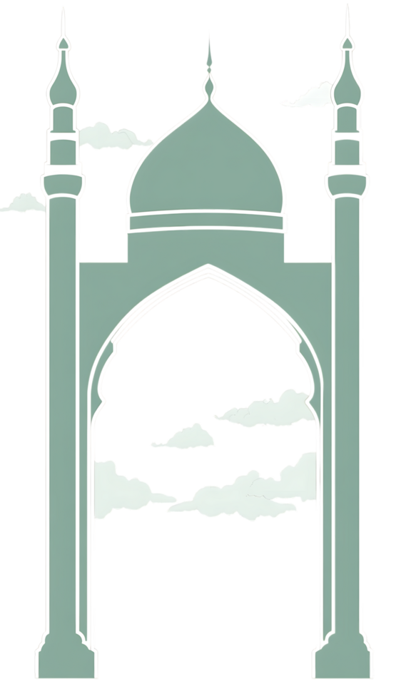 Elegant illustration of Islamic architecture. Minarets, dome, arched gateway. png