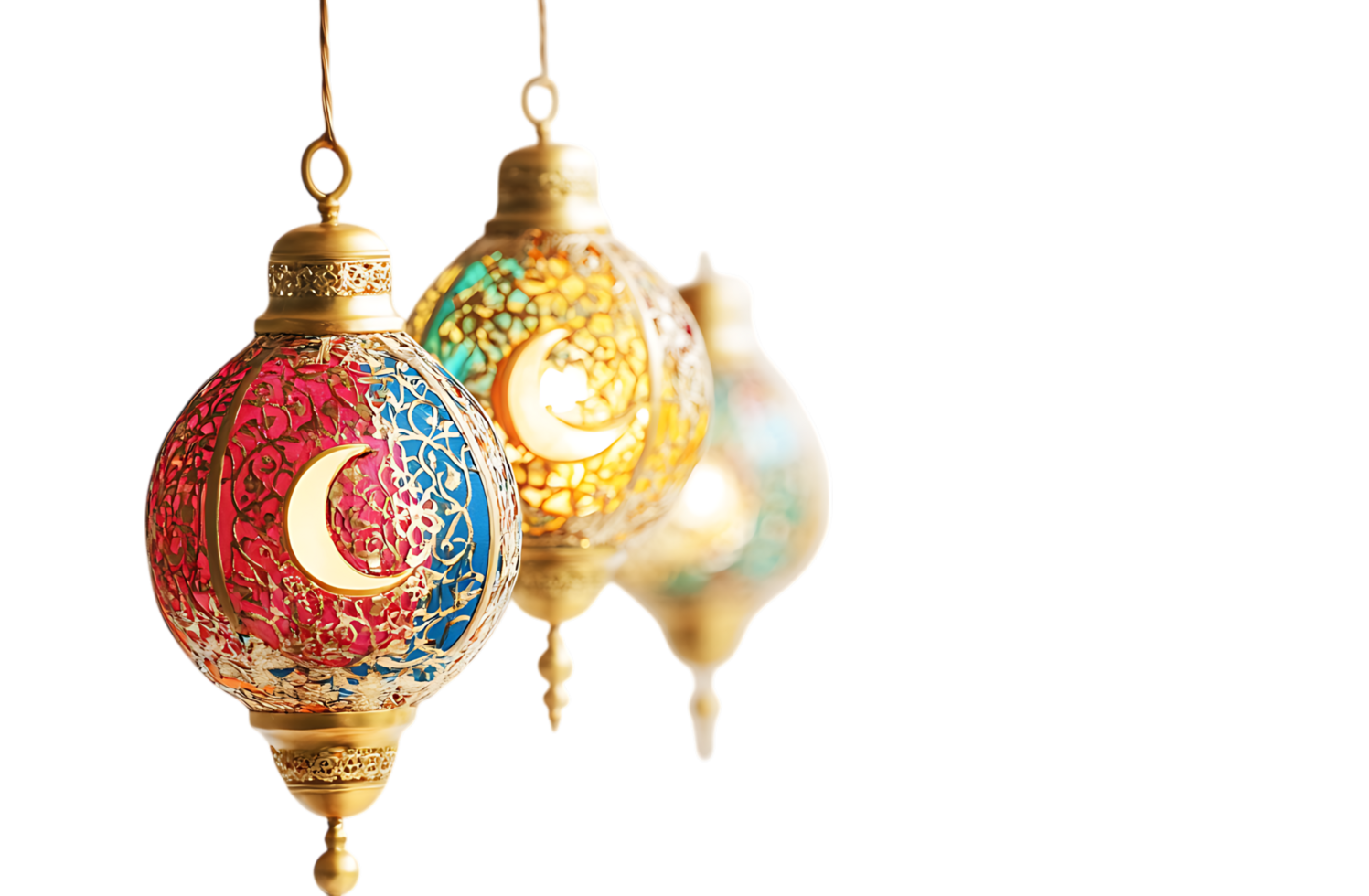Colorful hanging Ramadan lanterns with crescent moon design. Islamic festival decoration. png