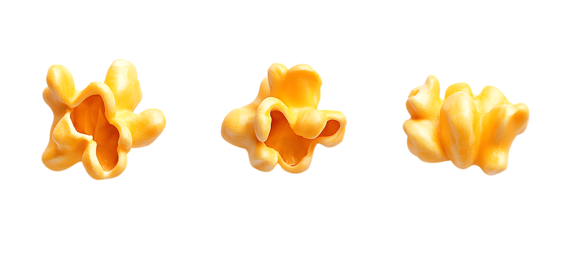 Three delicious popcorn kernels, isolated on black background png
