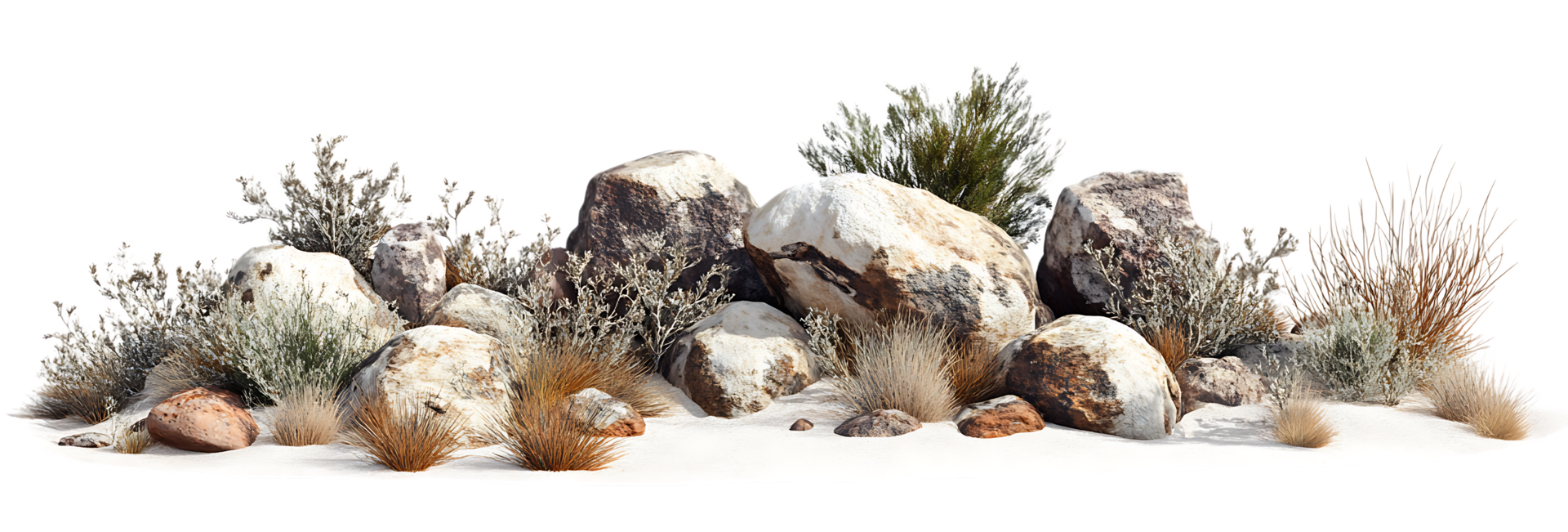 Winter landscape scene with rocks, snow, and plants. png