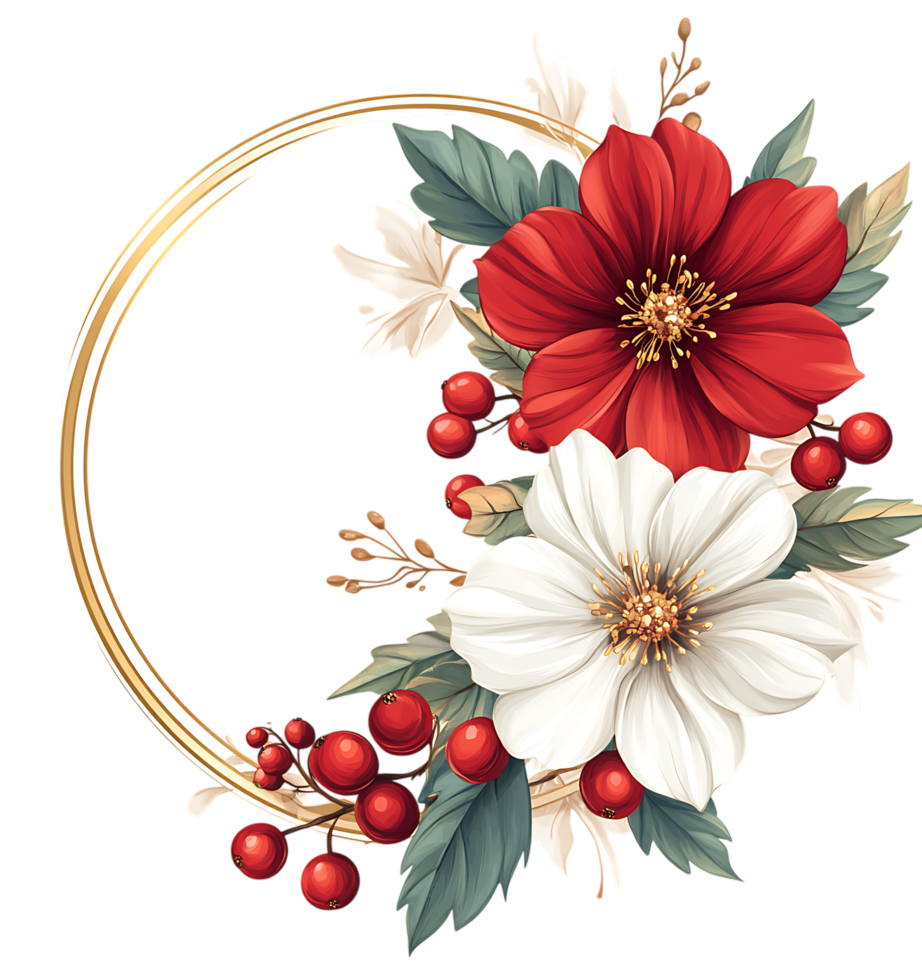 Elegant red and white floral wreath in a gold circle frame. Perfect for wedding invitations, cards, or other festive designs. png