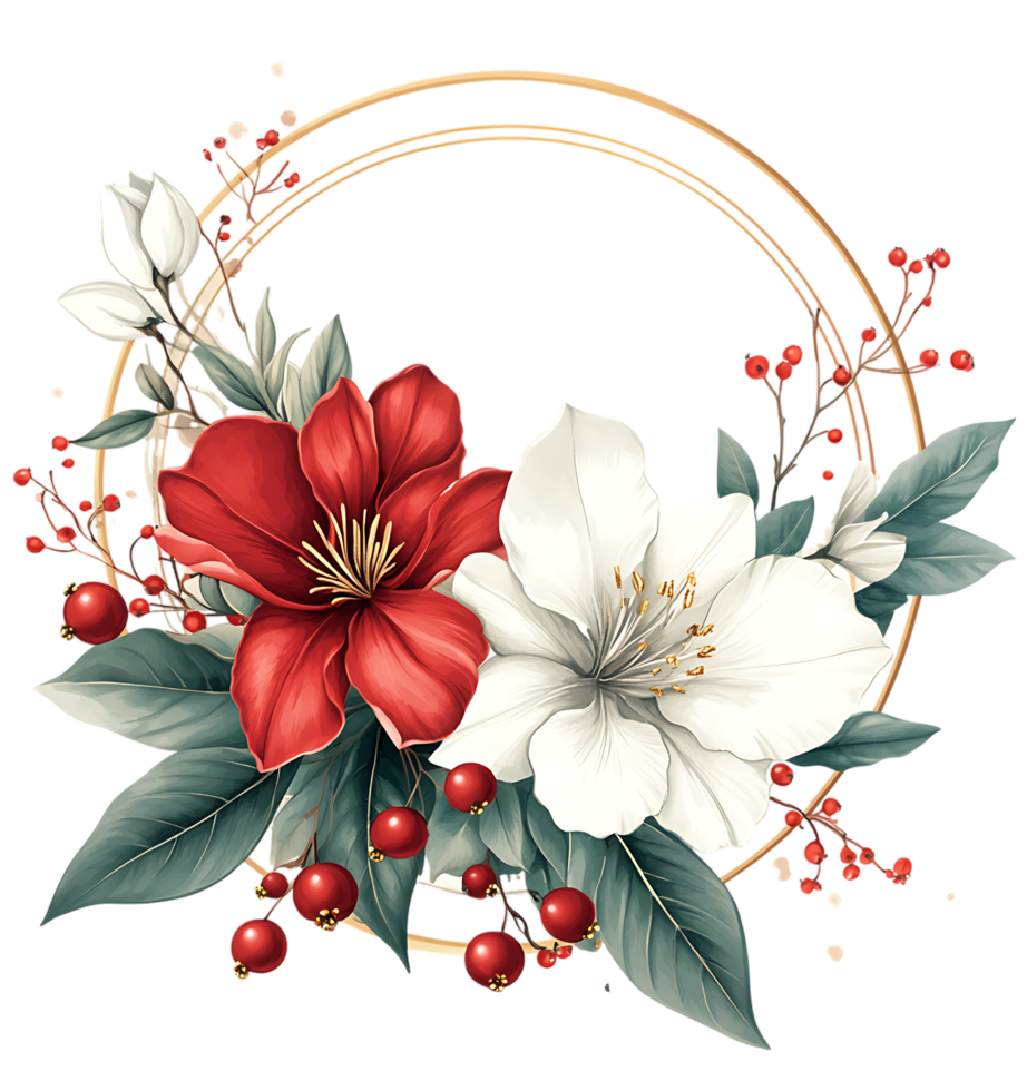 Elegant red and white floral wreath with gold frame png