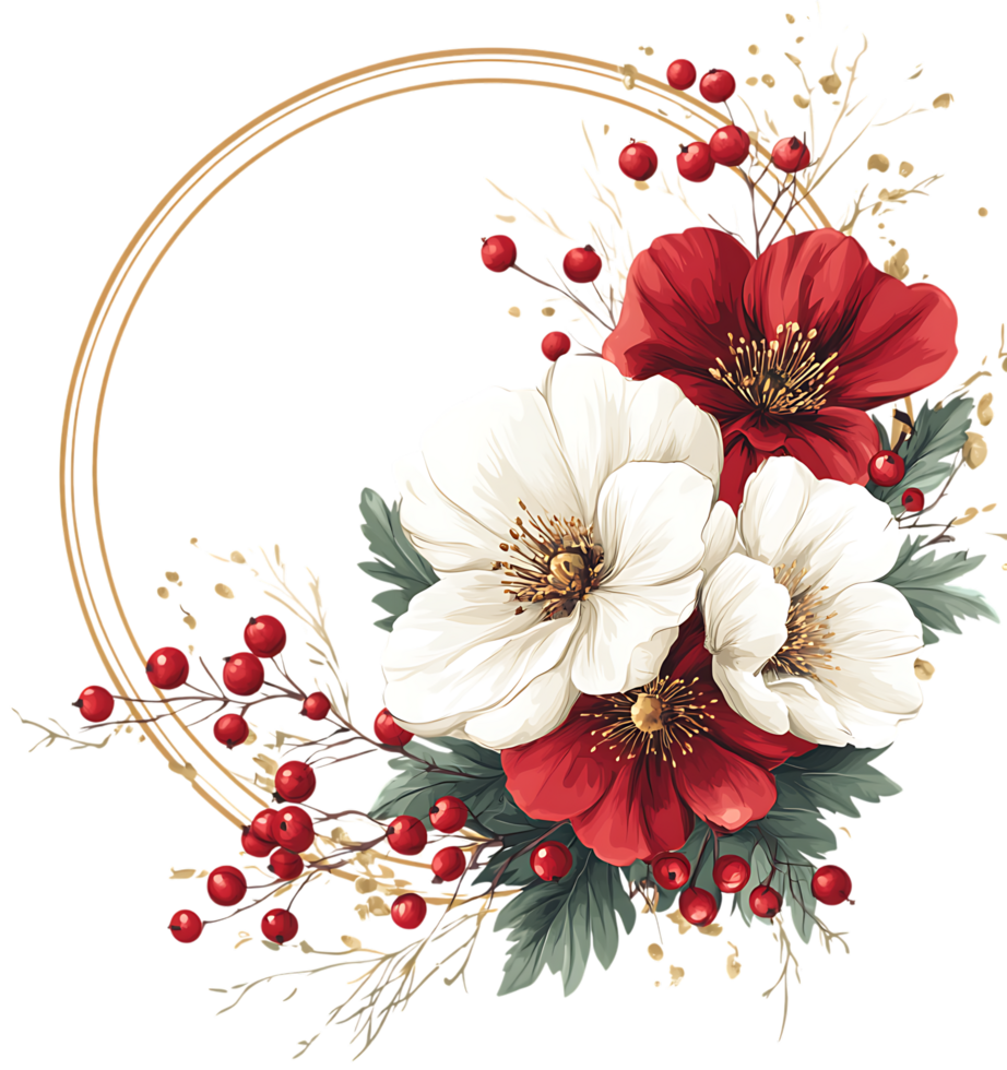 Elegant watercolor floral wreath with red and white flowers. png
