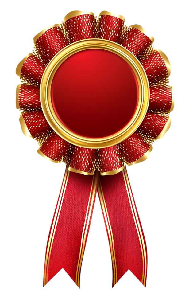 Blank red rosette with gold ribbon for award ceremony. png