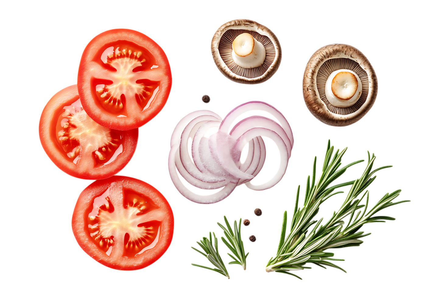 Sliced tomatoes, mushrooms, red onion, rosemary, peppercorns. Flatlay food photography. png